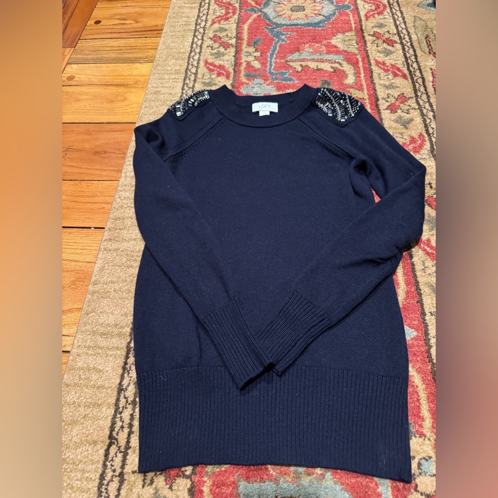 LOFT Navy Sweater with Shoulder Embellishments